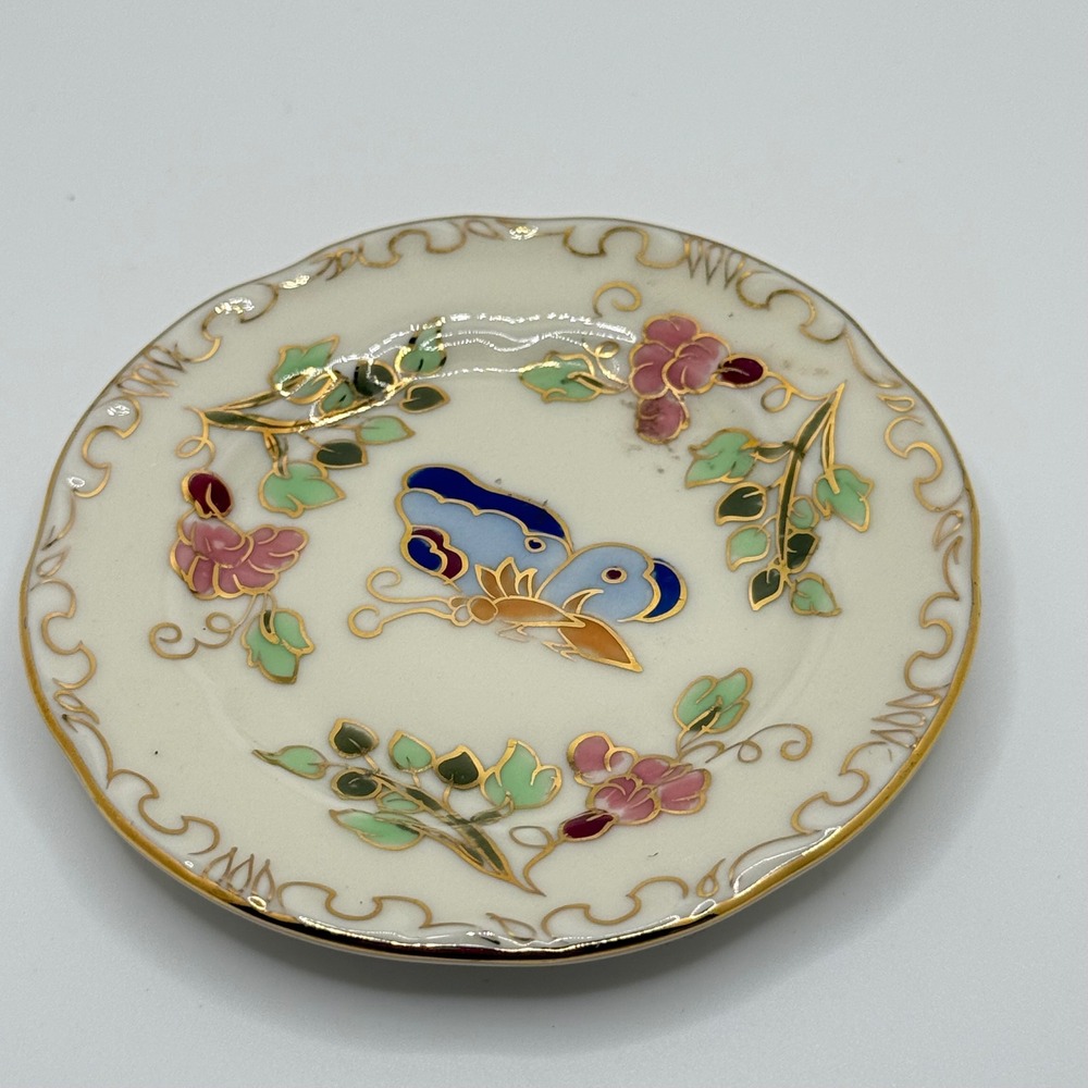 Zsolnay Hungary Hand Painted Butterfly Floral Mini Plate Gold Gilt Trinket Dish